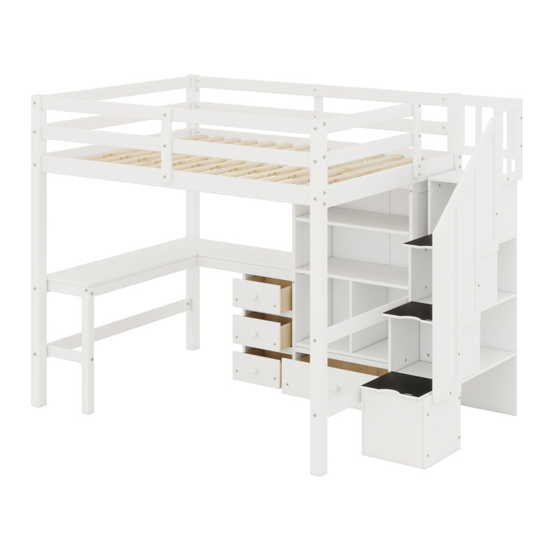 Lit mezzanine avec bureau en L et tiroirs, armoire et escalier de rangement, Blanc