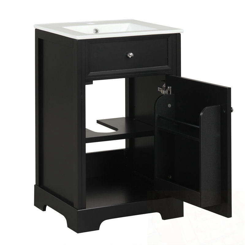Meuble-lavabo de salle de bain avec lavabo, porte à fermeture douce, support de rangement et tablette réglable, Noir