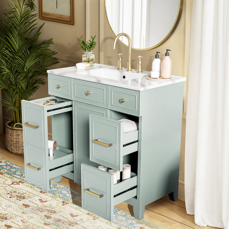 Meuble-lavabo 36 po avec lavabo en céramique, structure en bois massif, portes à fermeture en douceur, Vert