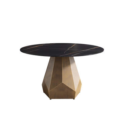 53" Dining Table, Black, Metal Base, Artificial Marble For 6 People, To Heat & Easy Mop, Kitchen Table With 6, Deformation Off, Living Room