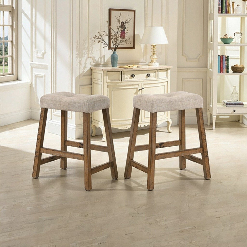 Ensemble de 2 tabourets de comptoir en bois sans dossier d'une hauteur de 25 pouces avec siège en similicuir style campagne