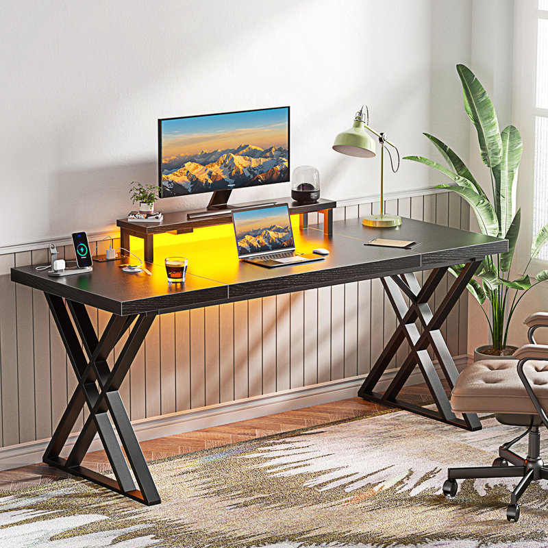 Gaming Desk With USB Charging And LED Light, White