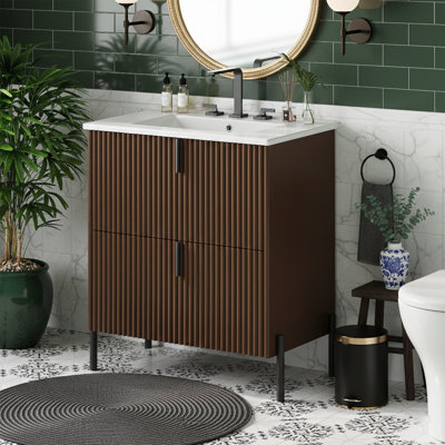 30" Mid-Century Fluted Bathroom Vanity, 8" Widespread Sink - 2-Drawer Cabinet - Dark Brown