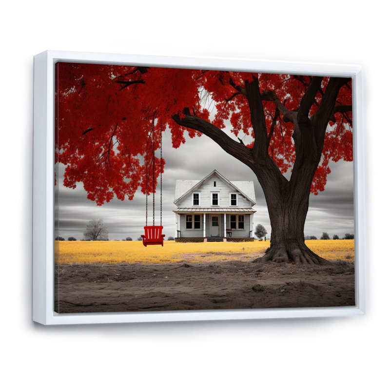 Masazumi " Farmhouse Red And Grey Harmony III ", 16" H x 32" W, Cadre flottant blanc