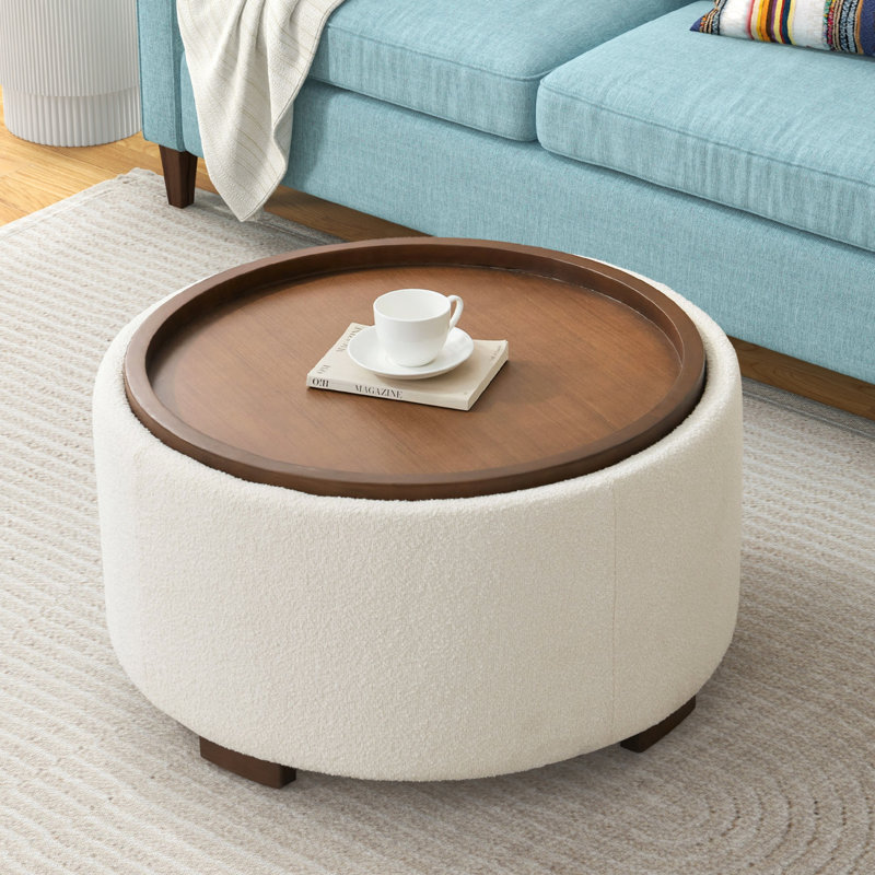 Caysey 30.1" W Upholstered Round Storage Ottoman with Wooden Tray, Beige
