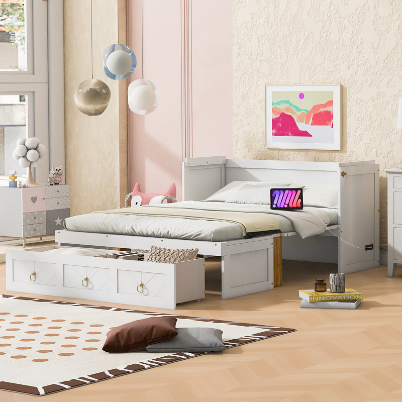 Lit escamotable double avec port USB et grand tiroir, blanc, Double