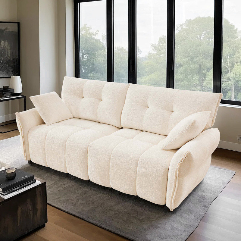 Canapé moderne en chenille avec design capitonné et coussins décoratifs, Blanc