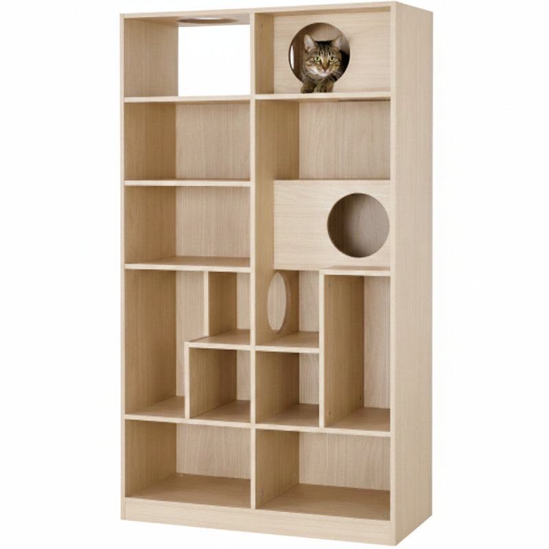Meuble pour chat moderne combinant une bibliothèque en bois et une maison pour chat, comprenant une vitrine avec rangement, une enceinte de litière pour chat et une tablette d'escalade.
