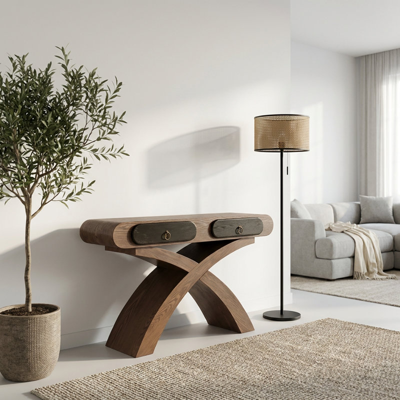 Console moderne avec pieds croisés et deux tiroirs pratiques
