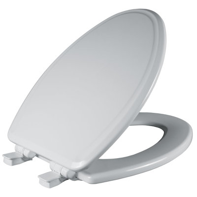 Siège de toilette moderne en bois avec bordure décorative, fermeture lente, charnières sécurisées, fabriqué aux États-Unis, allongé, blanc