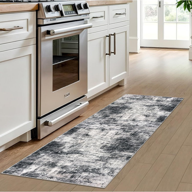 Tapis de cuisine abstrait lavable, Noir / gris / blanc, Tapis de couloir 2 pi x 6 pi