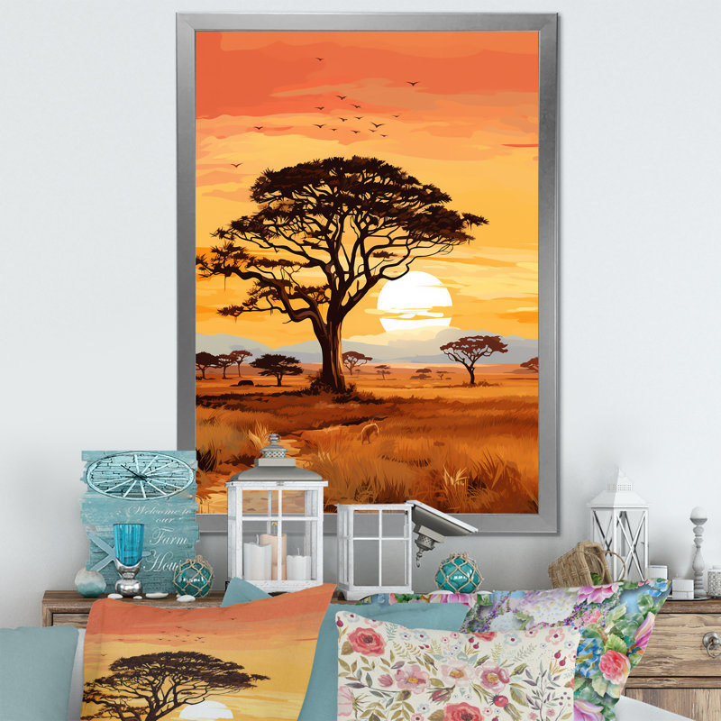 «African Tree Ambiance Savana», reproduction d'art sur toile, arbre africain, H 32 po x l 24 po, Cadre simple argenté