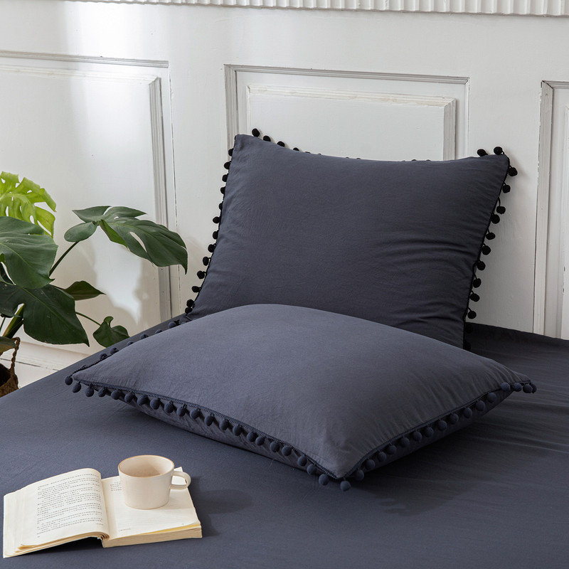 Navy Blue Pom Poms Pillowcases, Dark Blue Pillowcases Set of 2, 100% Soft Washed Microfiber, Soft Navy Pillow Shams King Size, 2 Pack