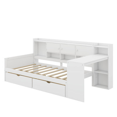 Wooden L-Shape Daybed With Seven Storage Cabinets And Two Storage Drawers, Multi-Functional Bed With Study Desk And Built-In Bookshelf by Latitude Run