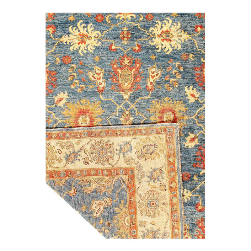 Tapis oriental en coton / laine bleu clair / rouille / beige fait à la main 9 pi x 6 pi 1 po Oriental