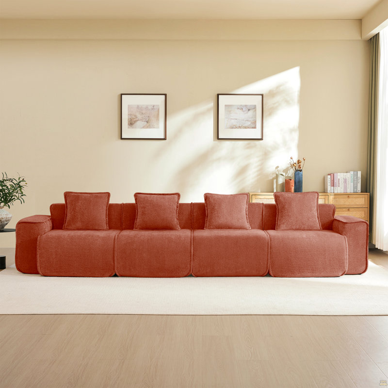 Canapé modulaire à 4 sièges profonds avec passepoil à bordure française, aucun assemblage requis, canapé modulaire moderne à 4 places avec coussins décoratifs, tissu en velours rouge