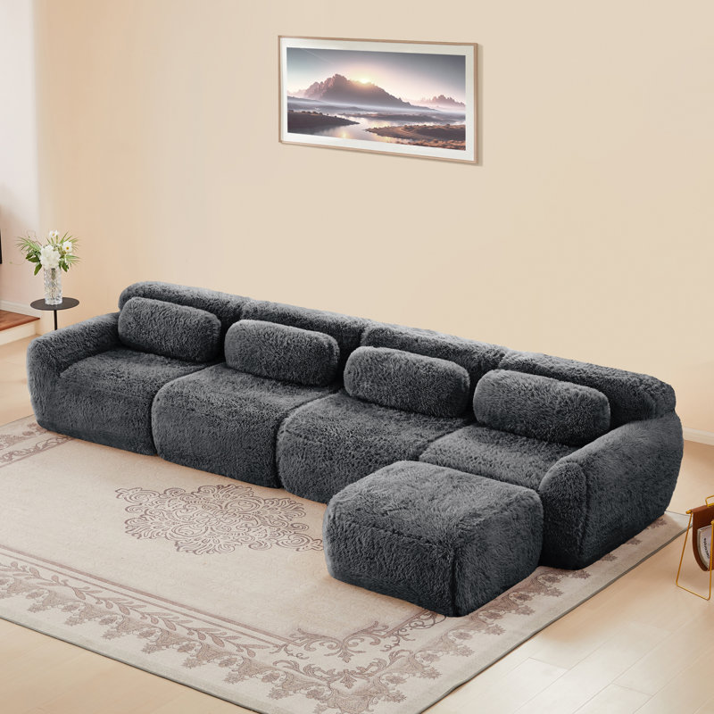 L-Shaped Boneless Sofa,Soft Fluffy Plush Fabric,With 32D High Density Sponge,No Assembly Required,Ergonomic Design Bottom Anti-Slip Design,Fits Living Room