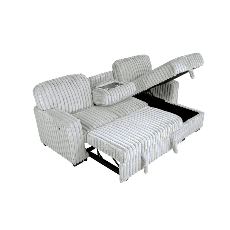 2 Piece Corduroy Sectional With Pull Out Sleeper Sofa Bed And Reversible Storage Chaise, Light Gray Corduroy