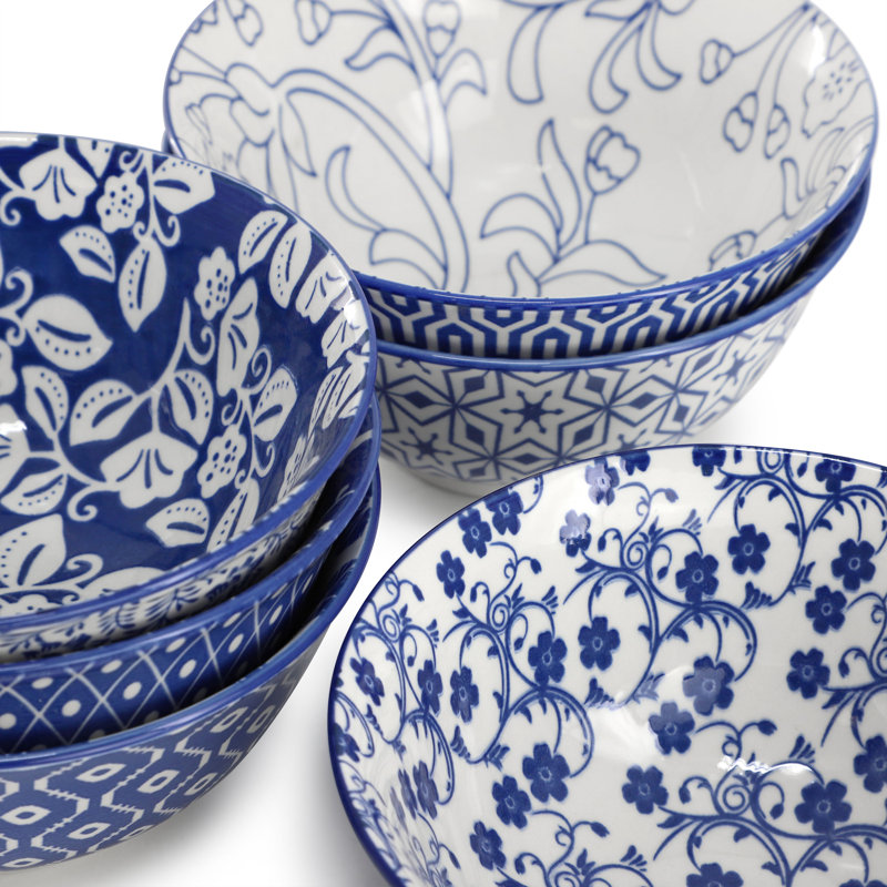  Sublime 6 Piece Assorted Design 20oz Porcelain Footed Bowl Set in Blue