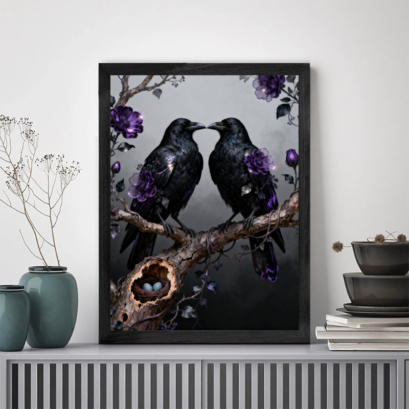 Reproduction d'art encadrée noire rétro avec deux corbeaux et fleurs mauves, H 17 po x l 13 po