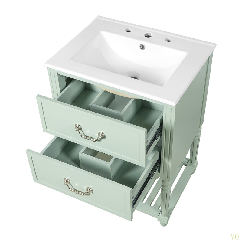 Meuble-lavabo de 24 po avec lavabo en céramique, armoire de salle de bain avec deux tiroirs à fermeture en douceur et une tablette ouverte