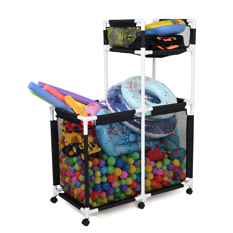 Extra Large Mesh Pool Storage Bin Noodles Holder Toys Organizer Rolling 6 Wheels Double Decker Cart