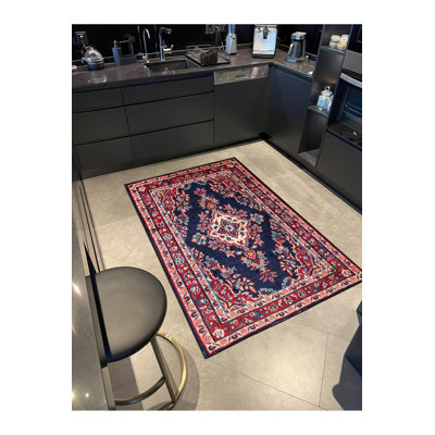 Tapis bleu lavable décoratif à base géométrique tissé traditionnel