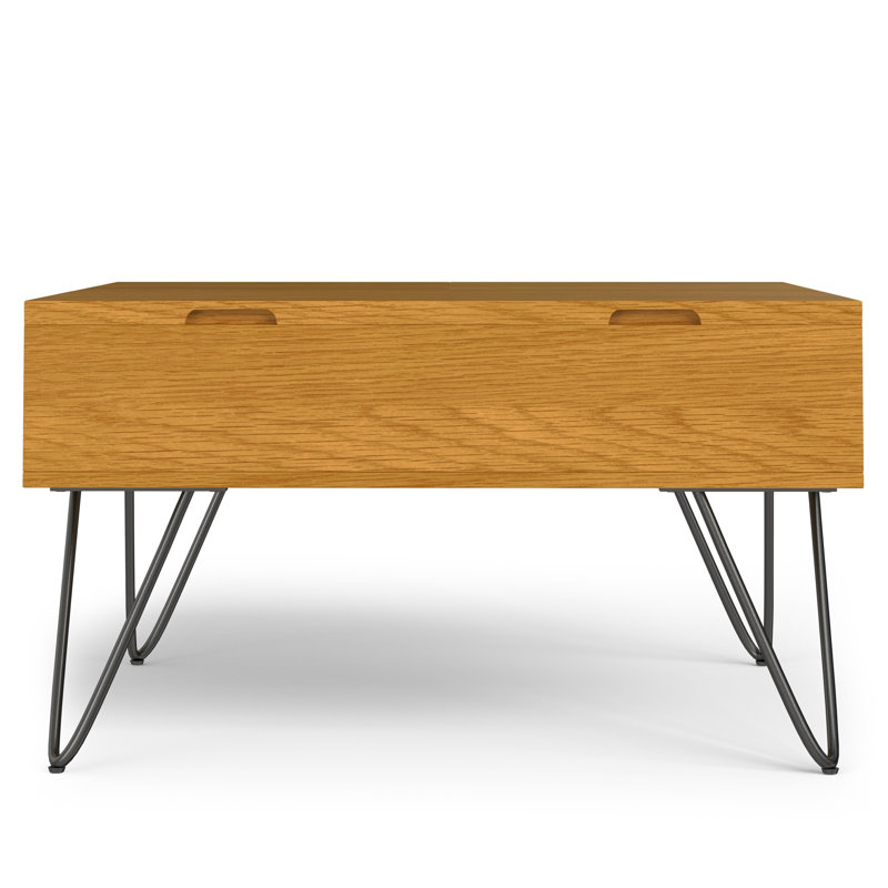 Hunter 32"W Solid Wood Industrial Square Lift Top Coffee Table with Hidden Storage and Metal  Hairpin Legs, Oak