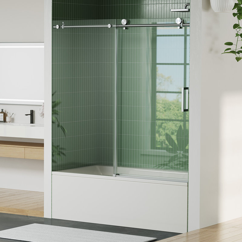 Frameless Sliding Glass Shower Door – 44–48" W x 76" H – 8mm Tempered Glass – Brushed Stainless Steel Round Rail – Explosion-Proof Film, Easy-Clean, Seal Strip – Modern Bathroom Sliding Door