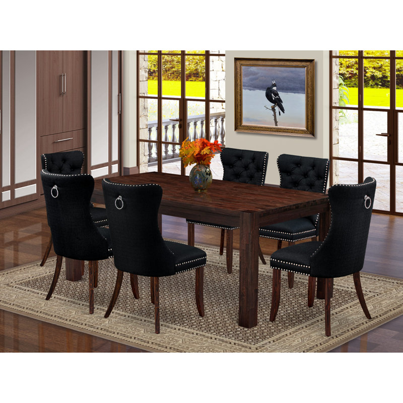 7 Piece Kitchen Table Set Consists of a Rectangle Rustic Wood Dining Table and 6 Polyester Fabric Padded Chairs, Distressed Jacobean