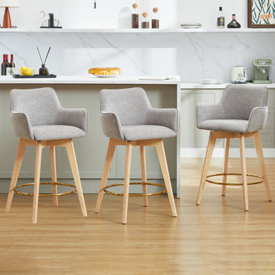 Ashwell Swivel Full Back Arms Upholstered 26.6"H Counter Stool With Solid Rubberwood Frame And Gold Footrest(Set of 3)