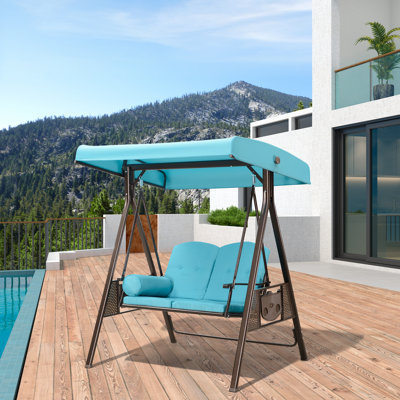 Deluxe Outdoor Patio Porch 2-seat Swing with Stand and Cup Holders and Cushions and Canopy and Pillow Included,Turquoise Blue