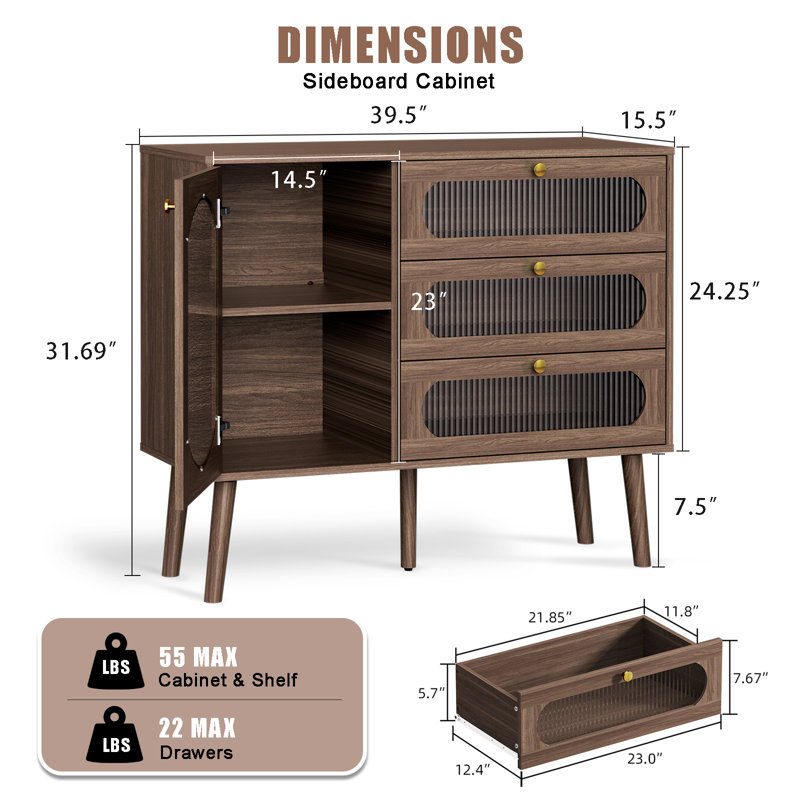  39.5“ Modern Sideboard With Glass Doors
