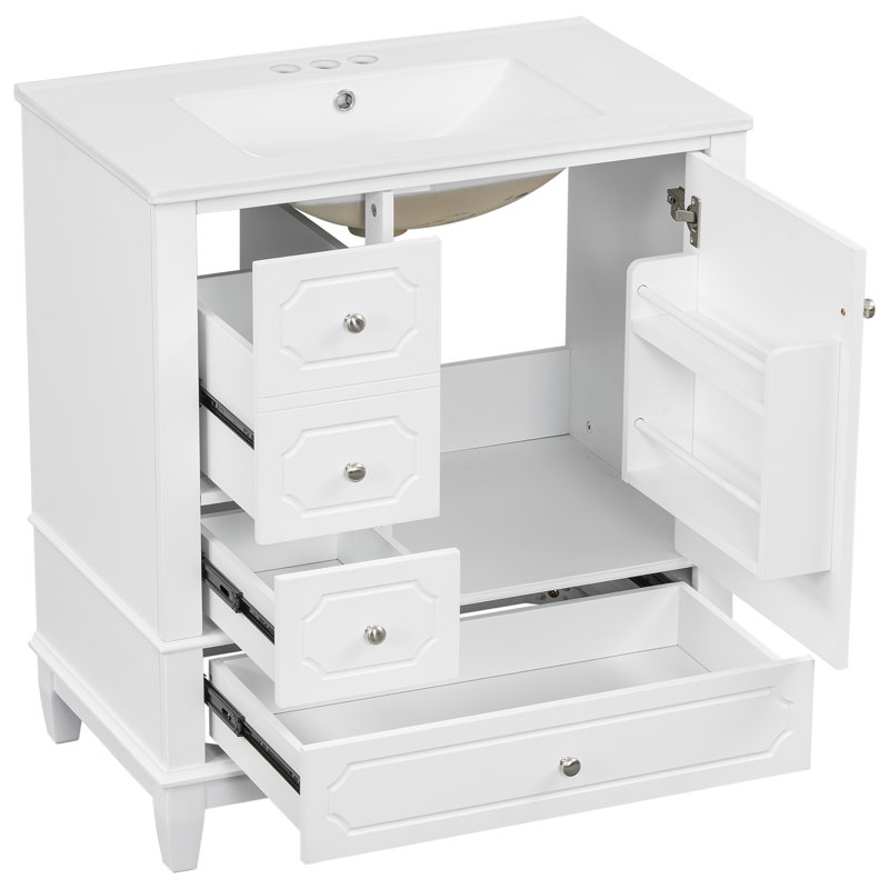 Meuble-lavabo de salle de bain de 76 cm avec lavabo, meuble-lavabo autoportant blanc avec lavabo en céramique, White