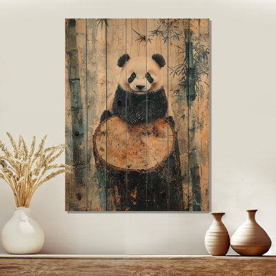 Portrait de panda dans une forêt de bambous I - décoration murale animal en bois de panda - sur bois de pin naturel