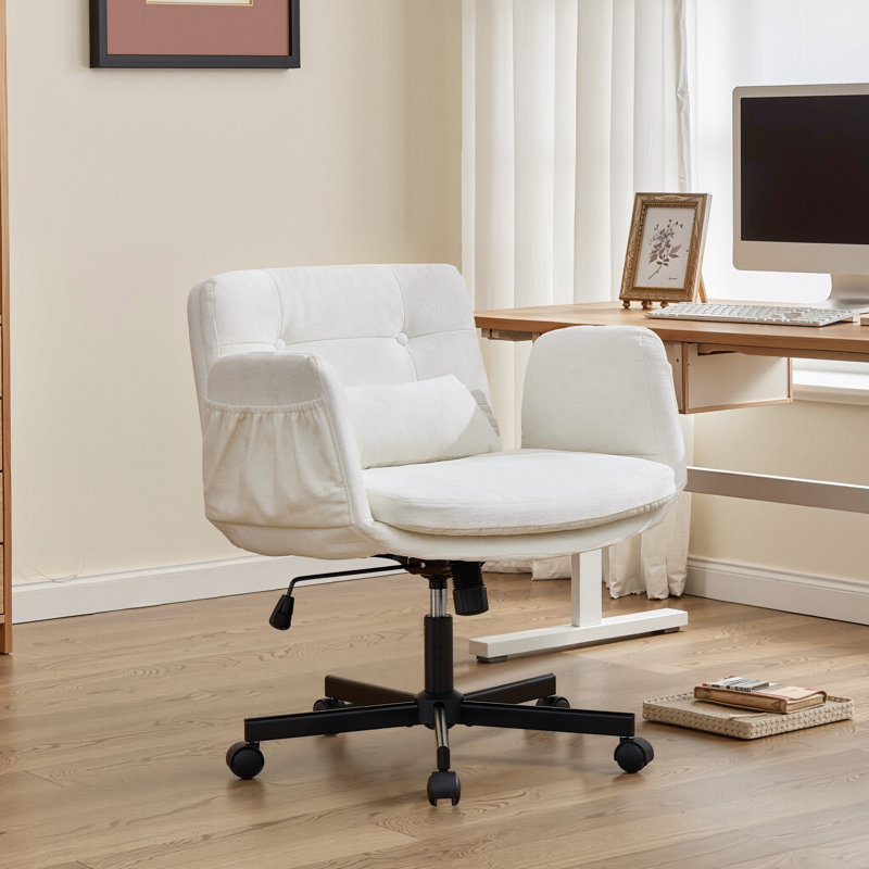 Chaise de bureau à pieds croisés avec accoudoirs réglables, siège rembourré large et coussin lombaire - Chaise pivotante en similicuir avec roulettes