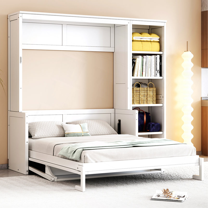 Lit escamotable avec bureau et bibliothèque Murphy, Lit double, Blanc