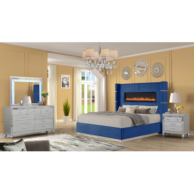 Ensemble de chambre à coucher de style moderne avec revêtement en bois 4 pièces (comprend: lit très grand, table de chevet, commode et miroir)