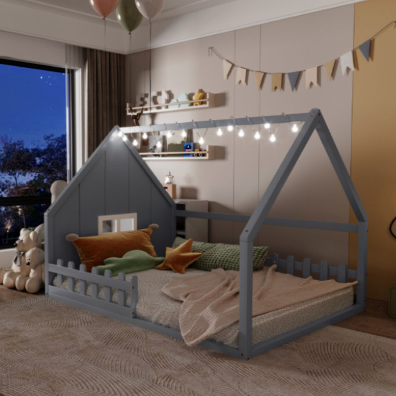 Full Size Wood House Bed With Window And Fence, Bed Frame, Gray
