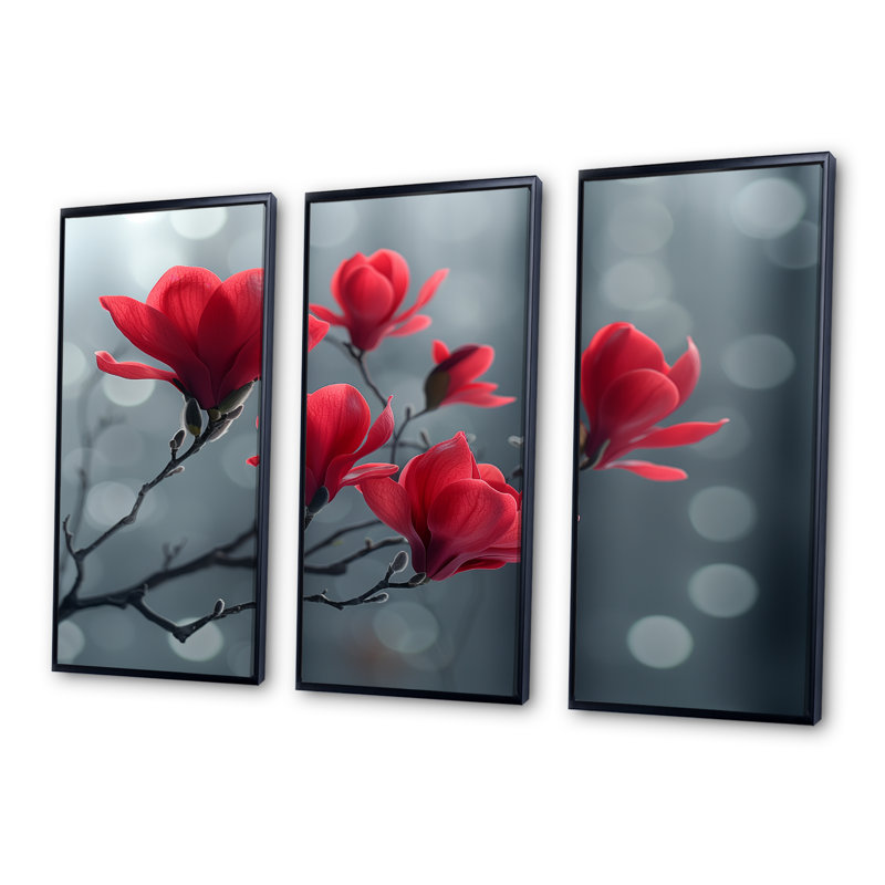Ensemble de salon art mural rouge et gris Glamour Summer Magnolias, Toile avec cadre flottant noir