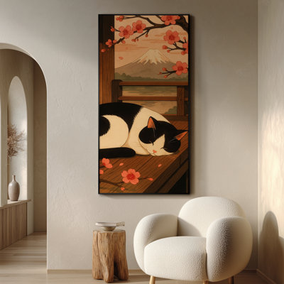 Très grande reproduction d'art sur toile - Chat dormant sur un porche avec des fleurs de cerisier et une œuvre d'art vue sur la montagne pour le salon ou la chambre à coucher - «Assemblage requis du cadre (cadre non fini)»