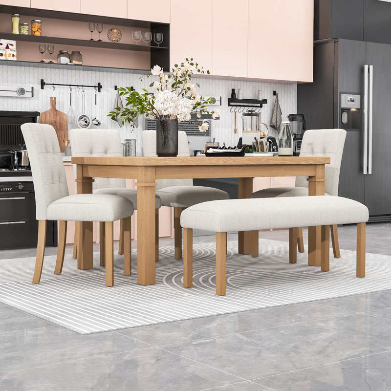 Ensemble de salle à manger moderne 6 pièces avec table rectangulaire, 4 chaises rembourrées et banc, Naturel