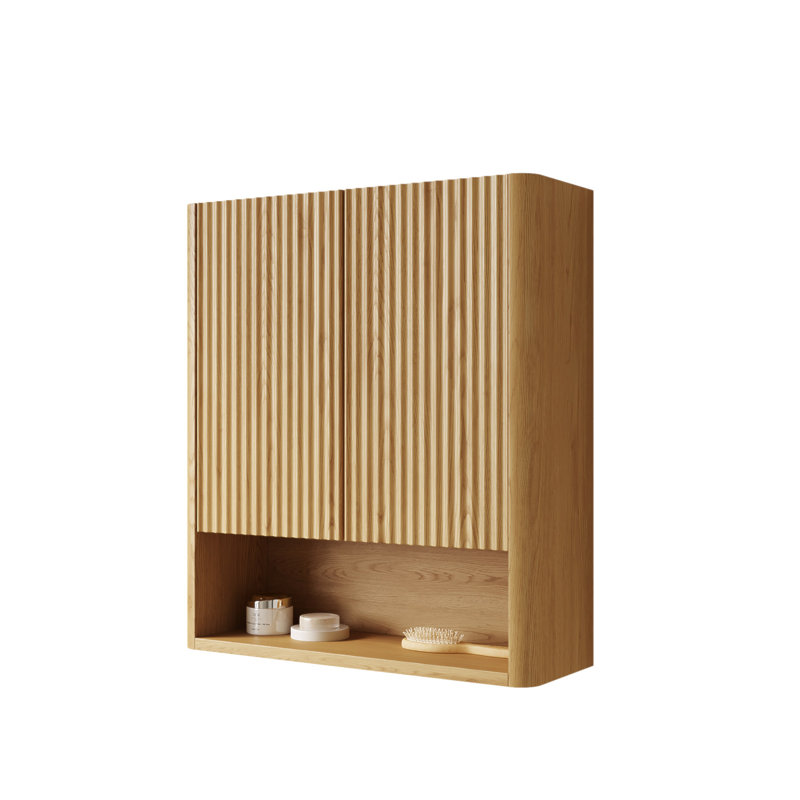 ZULA 26" Wall-Mounted Striped Bathroom Cabinet, With Doors, Shelf And Open Storage Compartment Over The Toilet Storage Cabinet For Bathroom, Kitchen, Laundry Room, Corolla Oak Woodgrain Color Finish