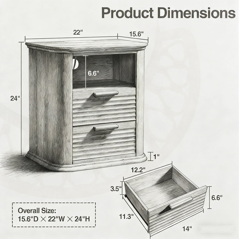 Table de chevet cannelée de 22 pouces avec station de charge intégrée, deux tiroirs et rangement ouvert pour les chambres à coucher ou les salons modernes.
