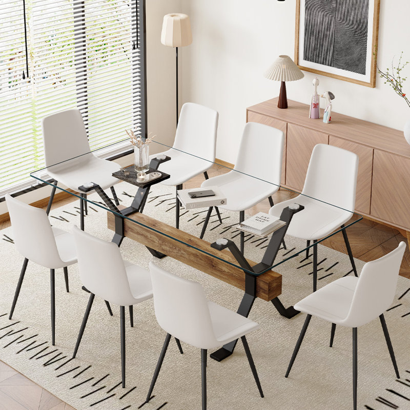 9-Piece Glass Top Dining Table Sets, White/Black