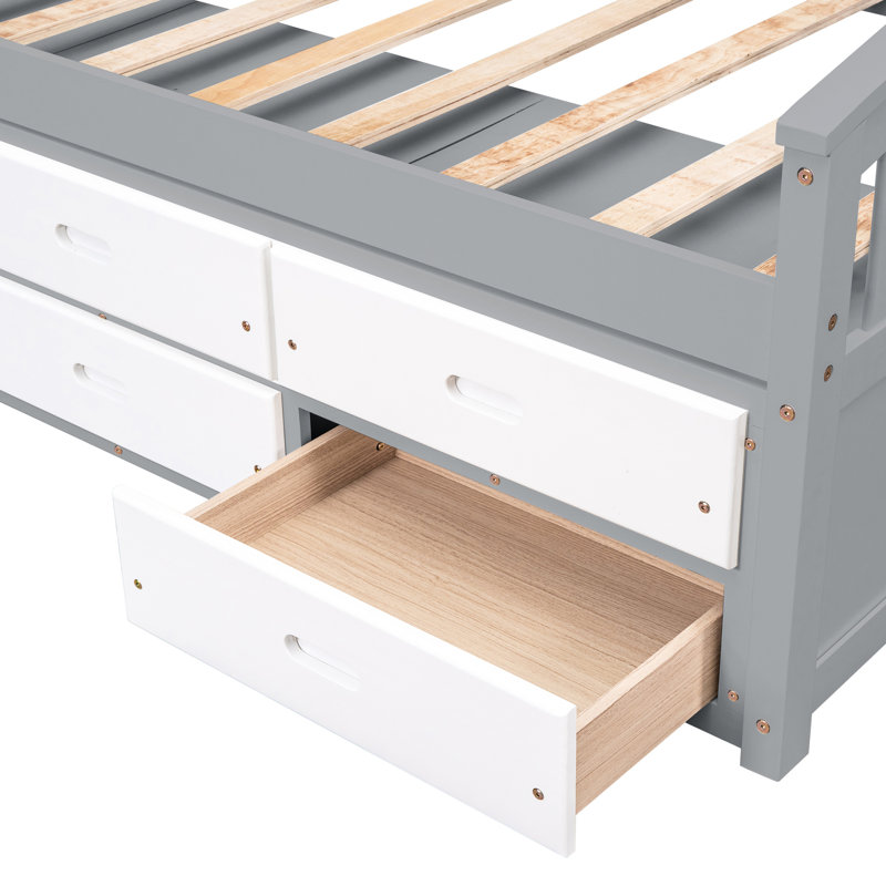 Lit simple, lit plateforme en bois de pin massif avec 6 tiroirs, gris et blanc, parfait pour les maisons de style rétro moderne, taille standard, 10 lattes, matelas de maintien