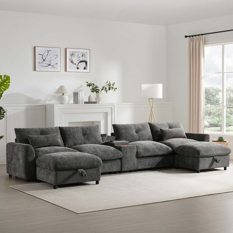 Canapé modulaire modulaire en chenille avec repose-pieds, console, porte-gobelet et chargeur USB pour le salon, Gray Chenille