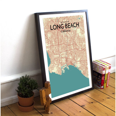 «Long Beach City Map», reproduction d'impression sur affiche en beige