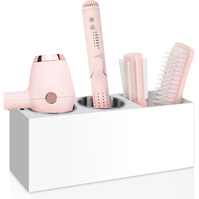 Organisateur d'outils pour cheveux, support pour sèche-cheveux avec tasses en acier résistant à la chaleur, organisateur de coiffeuse en acrylique pour fer à friser, fer plat et brosses à cheveux, parfait pour la salle de bain (blanc, standard)
