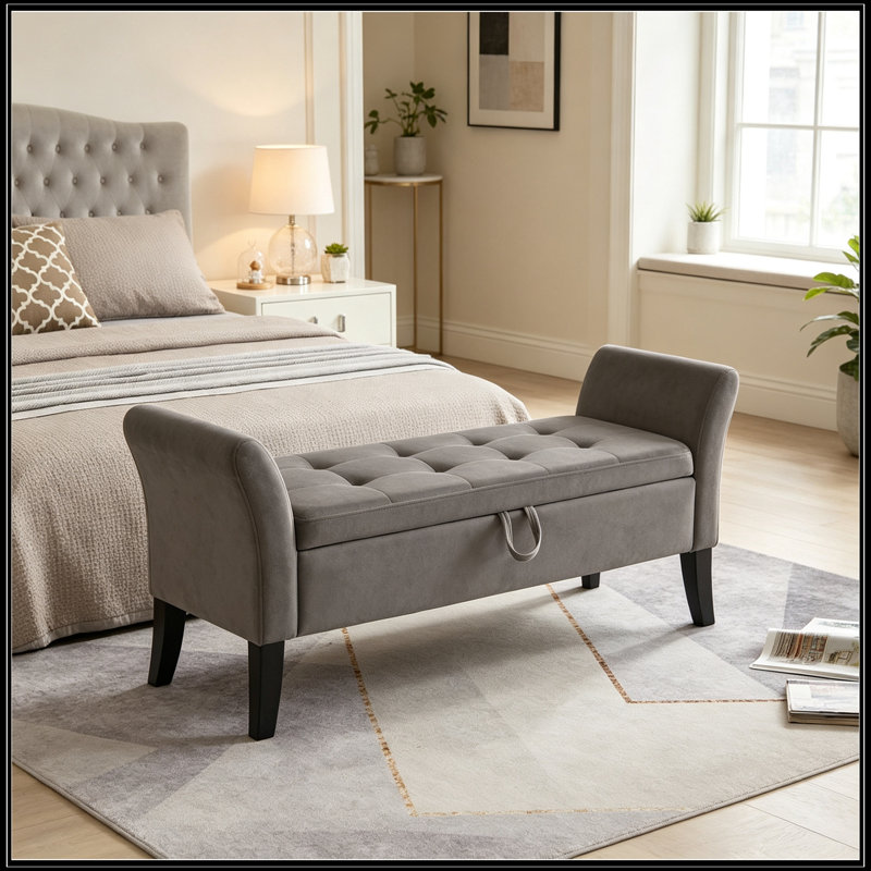 Banc en velours avec rangement et siège moelleux, Gris